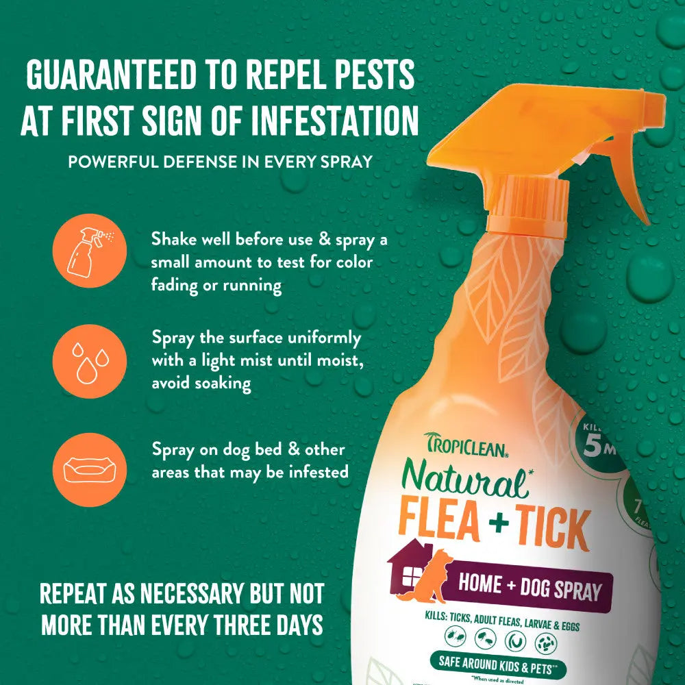 Say goodbye to fleas and ticks! 🌿🐾 Check out Tropiclean's all-natural Flea + Tick Spray for your home and furry friends! 32oz of protection! 🐶✨