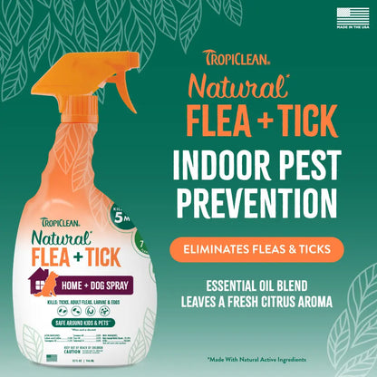 Say goodbye to fleas and ticks! 🌿🐾 Check out Tropiclean's all-natural Flea + Tick Spray for your home and furry friends! 32oz of protection! 🐶✨