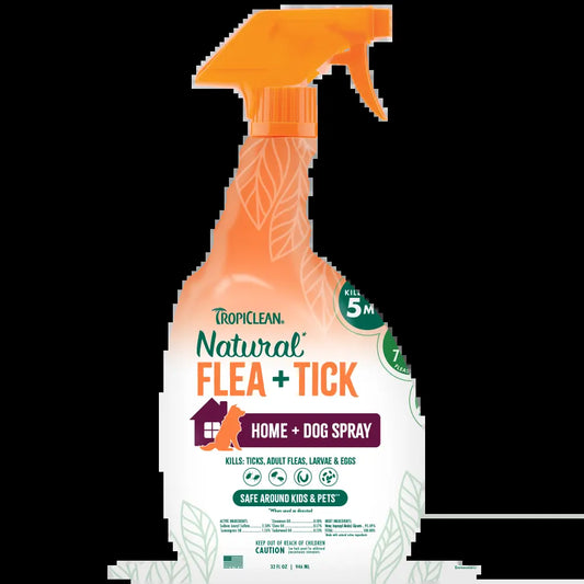 Say goodbye to fleas and ticks! 🌿🐾 Check out Tropiclean's all-natural Flea + Tick Spray for your home and furry friends! 32oz of protection! 🐶✨