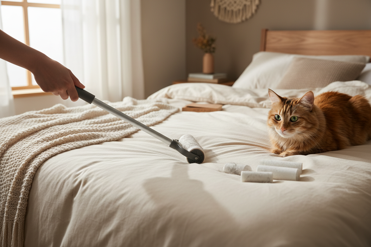 Say goodbye to pet hair chaos! 🐾✨ Check out the 4-in-1 Long Handle Sticky Roller – perfect for your bed, sofa, and more! Washable and ready to tackle lint from cats and dogs! 🐶🐱 #PetHairSolutions #LintRoller