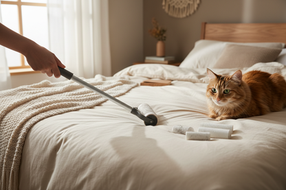 Say goodbye to pet hair chaos! 🐾✨ Check out the 4-in-1 Long Handle Sticky Roller – perfect for your bed, sofa, and more! Washable and ready to tackle lint from cats and dogs! 🐶🐱 #PetHairSolutions #LintRoller