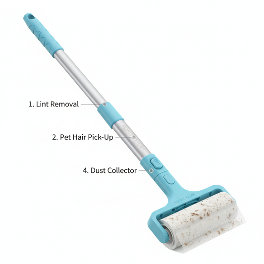 Say goodbye to pet hair chaos! 🐾✨ Check out the 4-in-1 Long Handle Sticky Roller – perfect for your bed, sofa, and more! Washable and ready to tackle lint from cats and dogs! 🐶🐱 #PetHairSolutions #LintRoller
